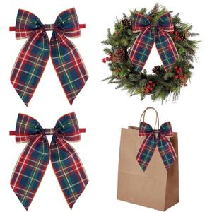 AIMUDI Christmas Bows for Gift Wrapping 69'' Navy Blue and Gold Plaid Bows for Christmas Tree Wreath Bows with Wire Edge Premade Bows for Craft Present Indoor Holiday Christmas Decorations, 10 PCs