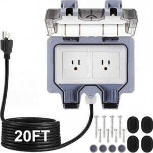 Kanayu Outdoor Outlet Box with 20ft Extension Cord, Dual 15 AMP 5-15 Receptacles Weatherproof Waterproof IP66 Outdoor Exterior Socket with Cover, 14 AWG/3C SJTW Cord