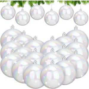 Liliful 24 Pcs White Snowball Ornaments 3" Glitter Christmas Ball Plastic Shatterproof Frosted Shiny Christmas Hanging Ball Holiday Iridescent Bauble Ornaments for Xmas Tree Decoration (Iridescent)