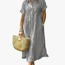 ebossy Women's Boho Striped Shirt Dress Button Up Side Slit Loose Mid Long Cotton Dress with Pockets XL