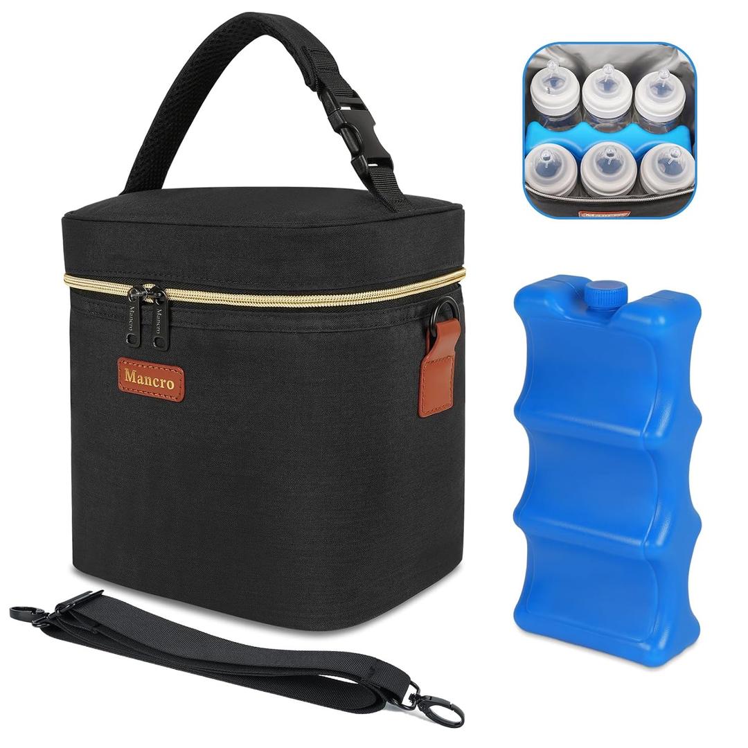 Mancro Breastmilk Cooler Bag with Ice Pack, Fits 6 Baby Bottles Up to 9 Ounce Insulated Baby Bottle Bag, Breast Milk Cooler on The go with Strap, Bottle Storage Bag for Nursing Mom Daycare, Black