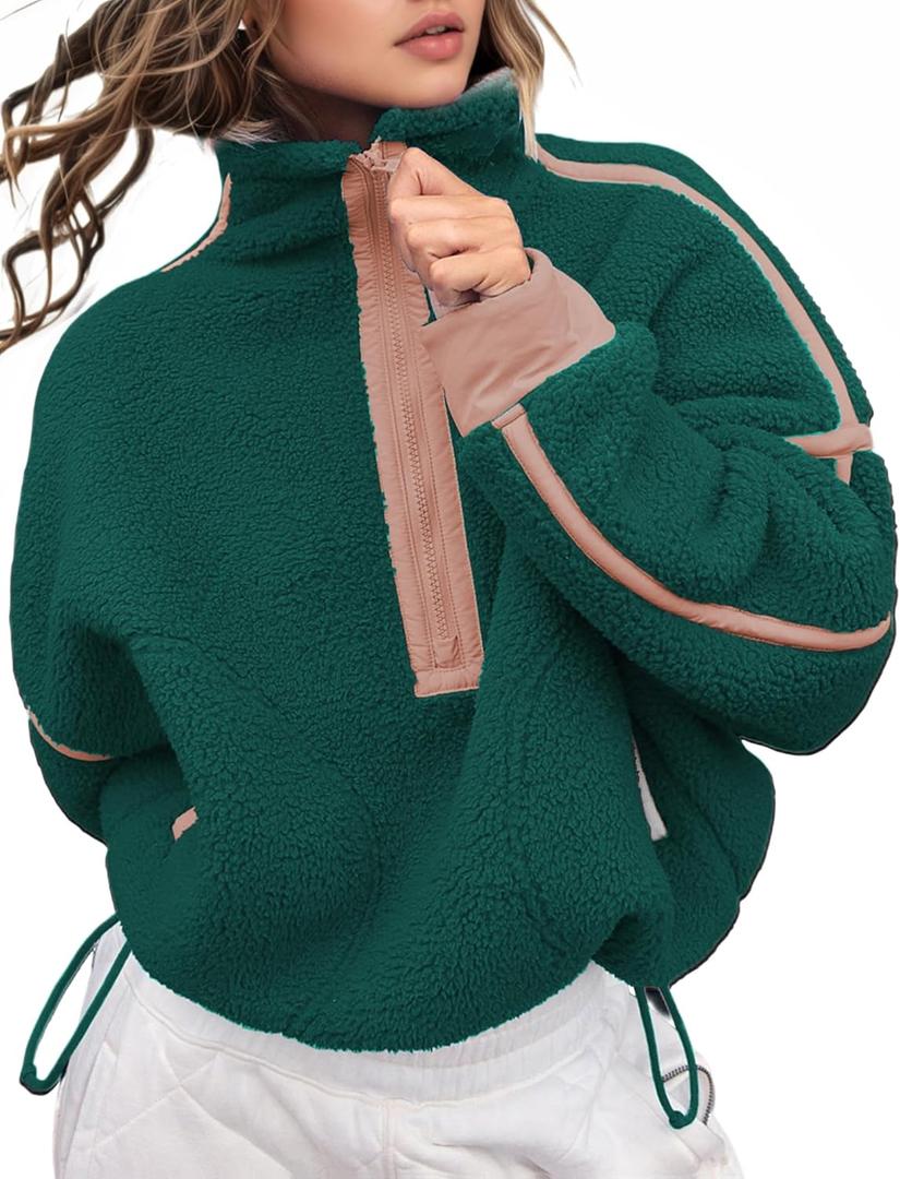Kumufenc Womens Half Zip Pullover Sweatshirts Fashion Sherpa Fleece Jackets Long Sleeve Workout Hoodies(Pink-green, XLarge)
