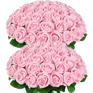 50 Pcs Pink Roses Artificial Flowers, Real Touch Velvet Roses Bouquet Fake Flowers Bulk, Artificial Roses with Long Stems for Birthday Gift Women Mom DIY Bridal Wedding Centerpiece Decorations