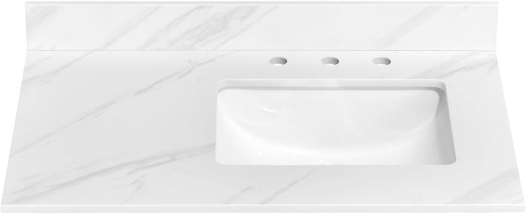 36 in. W x 22 in. D Vanity Top, Engineered Stone Vanity Top with Sink in Venice White, Rectangular Right Offset Sink Top, 8 in. Faucet Hole Spacing and Backsplash Bathroom Sink Top