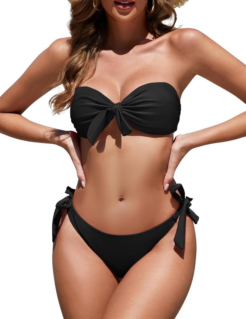 Zonsaoja Women Strapless Bandeau Bikini Set Knot Two Piece Swimsuit Side Tie Cheeky Bathing Suits (Large, Black)