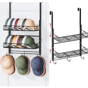 SWTYMIKI Over Door Hat Organizer - 3 Tier Wall Mounted Hat Rack with 2 Adjustable Metal Basket and 3 Hooks, Hanging Baseball Cap Organizer Storage Holds up to 29 Caps for Door, Bedroom, Closet (black)