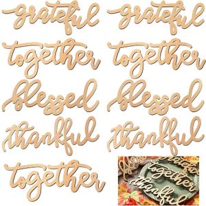 Seeloowy 12 Pcs Thanksgiving Wood Cutouts Thankful Grateful Blessed Together Place Cards Fall Plate Letter Signs and Ornaments for Home Table Wall Dining Decor(Gold)