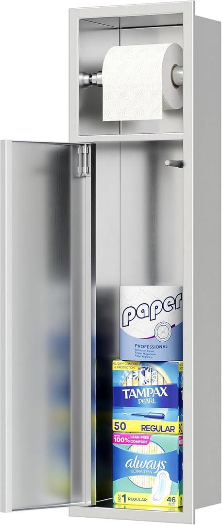 Recessed Toilet Paper Holder, Brushed Toilet Tissue Holder with Storage Cabinet for Toilet Brush Holder, 304 Stainless Steel Wall Bathroom Roll Paper Holder(Brushed Nickel)