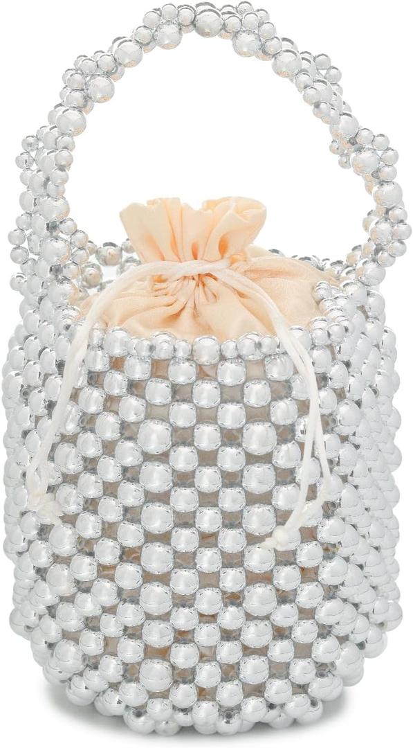 white pearl Women Beaded crossbody purse Evening Bucket Handmade Bags with DustBag for Wedding Party banquet (Soft Silver)