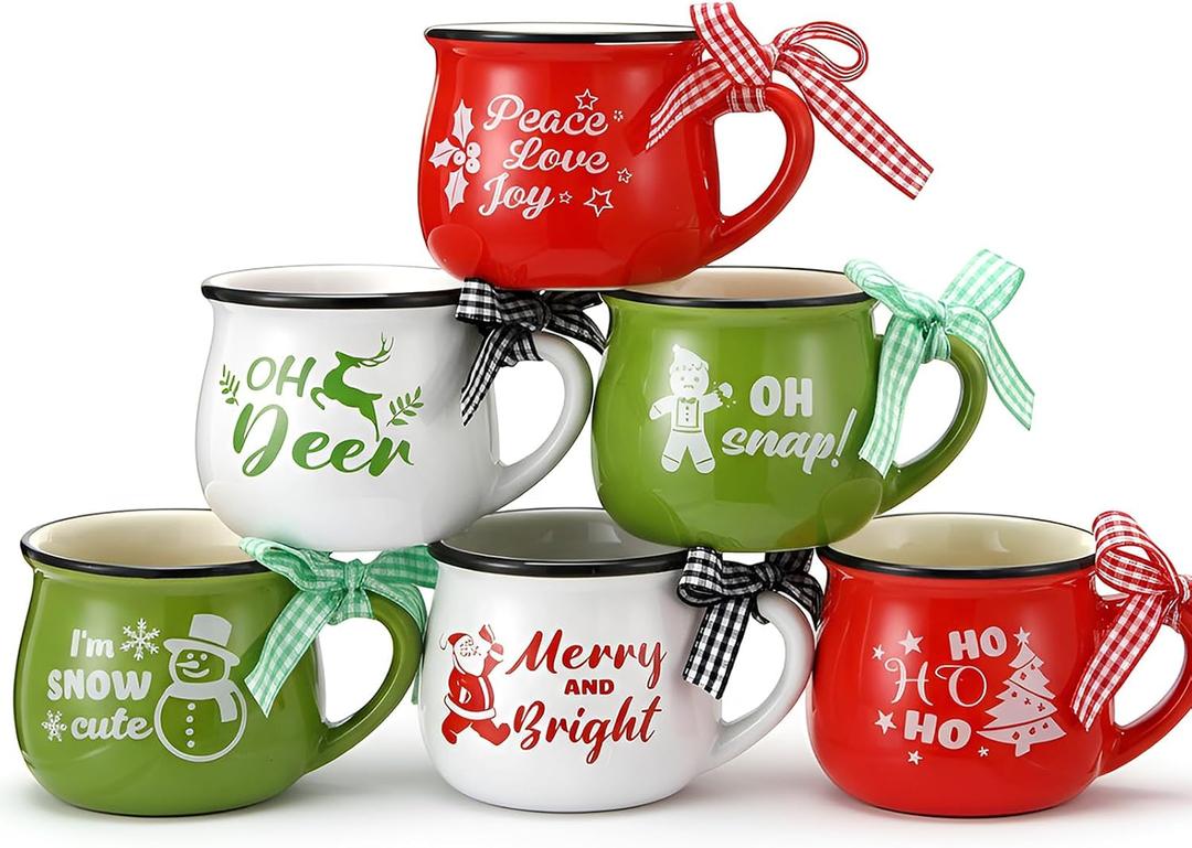 Potchen 6 Pcs Christmas Coffee Mugs 5 oz Mini Ceramic Mug Gift Holiday Hot Cocoa Christmas Cups with Ribbons for Home Tiered Tray Decor Xmas Holiday Kitchen Bar Decorations Friend Farmhouse
