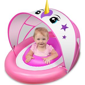 AMENON Unicorn Inflatable Baby Pool Float for Toddlers 6-36 Months with UPF50+ 4 Stage Adjustable Sun Canopy, Non-Flip Safety Seat, Dual Air Chambers, Infant Swim Training Float for Pool