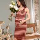 SUNNYBUY Women's Striped Maternity Dress Summer Tank Bodycon Dresses Knit Slit Pregnancy Clothes (Large, Brick Red-cream Stripe)