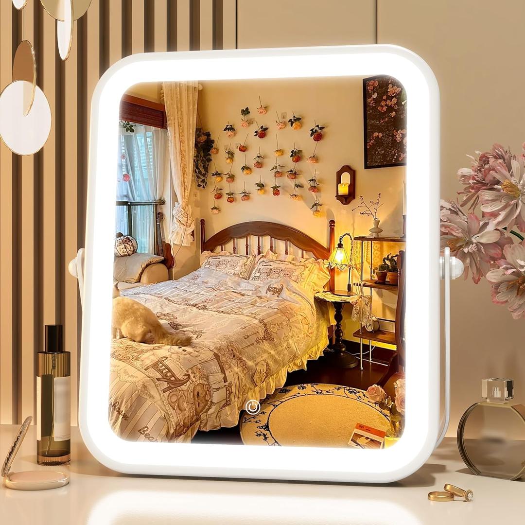 Home Mirror, 10x12 inches Lighted Vanity Makeup Mirror, Dimmable Touch Screen, Tabletop Mount, USB Plug-in, Adjustable, Portable (10"L x 12"W, White)