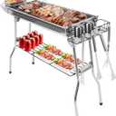 KOCASO Foldable Barbecue Charcoal BBQ Grill, Folding BBQ Grill, Portable Stainless Steel Barbeque Grill For Picnic Camping Backyard Cooking, Foldable Grill Table with Non-Stick Frying Pan, Silver