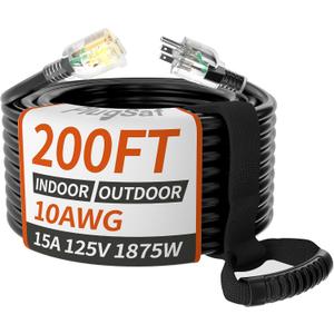 200ft 10 Gauge Outdoor Extension Cord Waterproof with Lighted Indicator,10 AWG SJTW Heavy Duty 15Amp 1875W,3 Prong Cords Flexible Copper Black ETL Listed