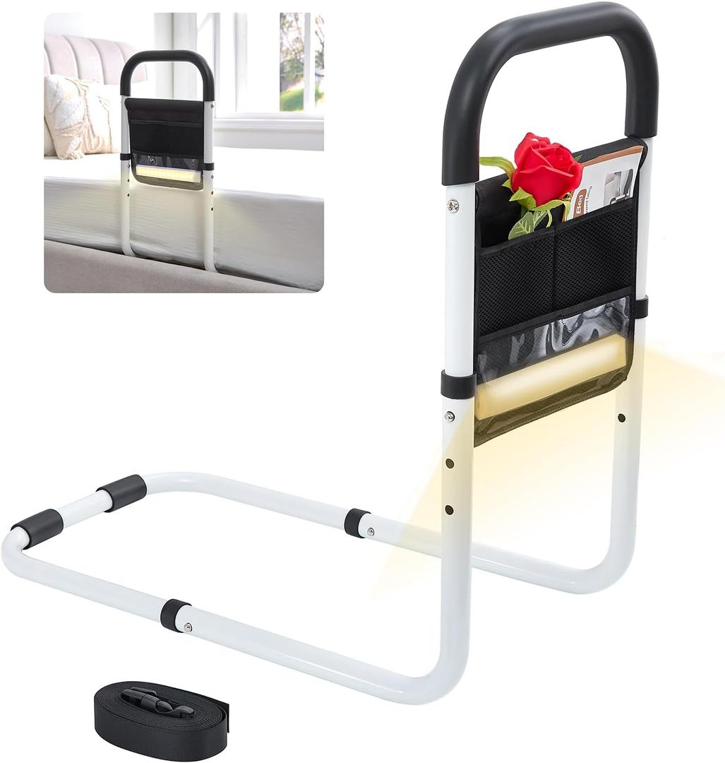 Bed Rail for Elderly Adults Safety with Motion-Activated Light & Non-Slip Grab Bar, Bed Assist for Seniors with Storage Pocket & Fall Prevention Guard, Fits King, Queen, Full, Twin Bed (White)