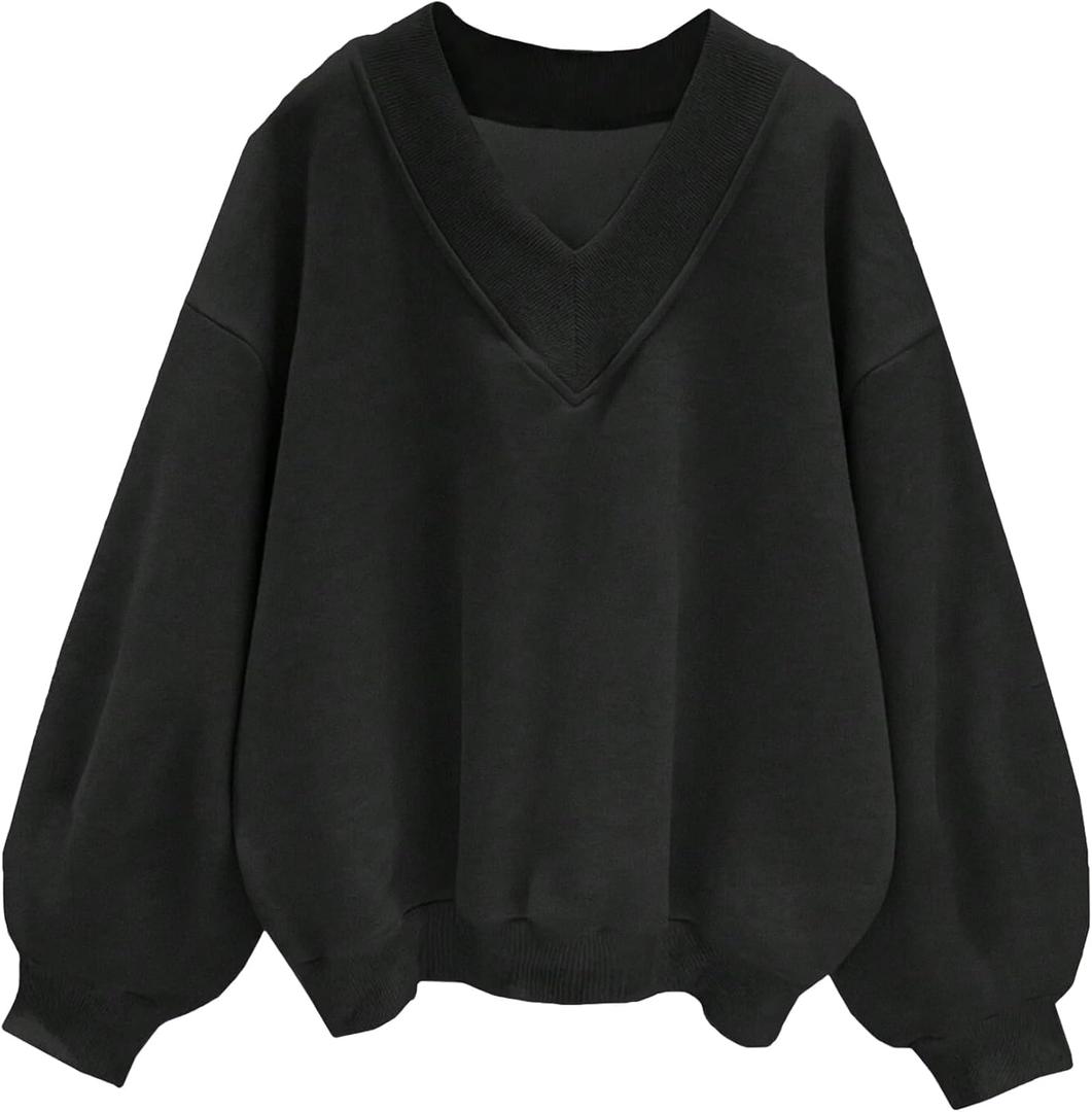 Hilinker Womens V Neck Oversized Sweatshirts Long Sleeve Pullover (Black, L)