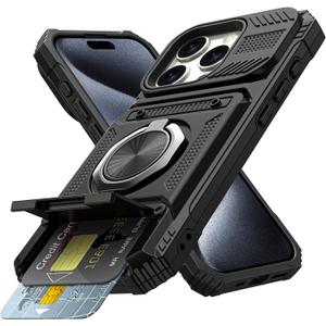 Vofolen for iPhone 15 Pro Max Case Wallet with Card Holder [Store 2 Cards] + 360 Magnetic Rotated Ring Kickstand, Heavy Duty Drop Protection Wallet Phone Case for iPhone 15 Pro Max 6.7 Inch Black