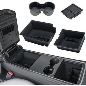 Uireefly 3Pcs Center Console Organizer for Tesla Model Y 2021-2025, Flocked Fabric Center Console Organizer Set Include Console Front & Rear Tray Hidden Armrest Storage Box for Model 3 2017-2023 (3)