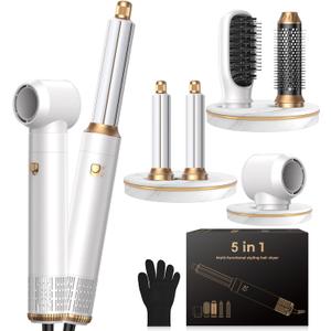 5 in 1 Hair Dryer Brush Set,Professional Negative Ionic Hot Air Styler, Air Curling Wrap Styler,Detachable Blow Dryer Brush With Auto Wrap Curlers,Hair Styling Tools For Straight/Curl/Drying/Smoothing (White Gold)