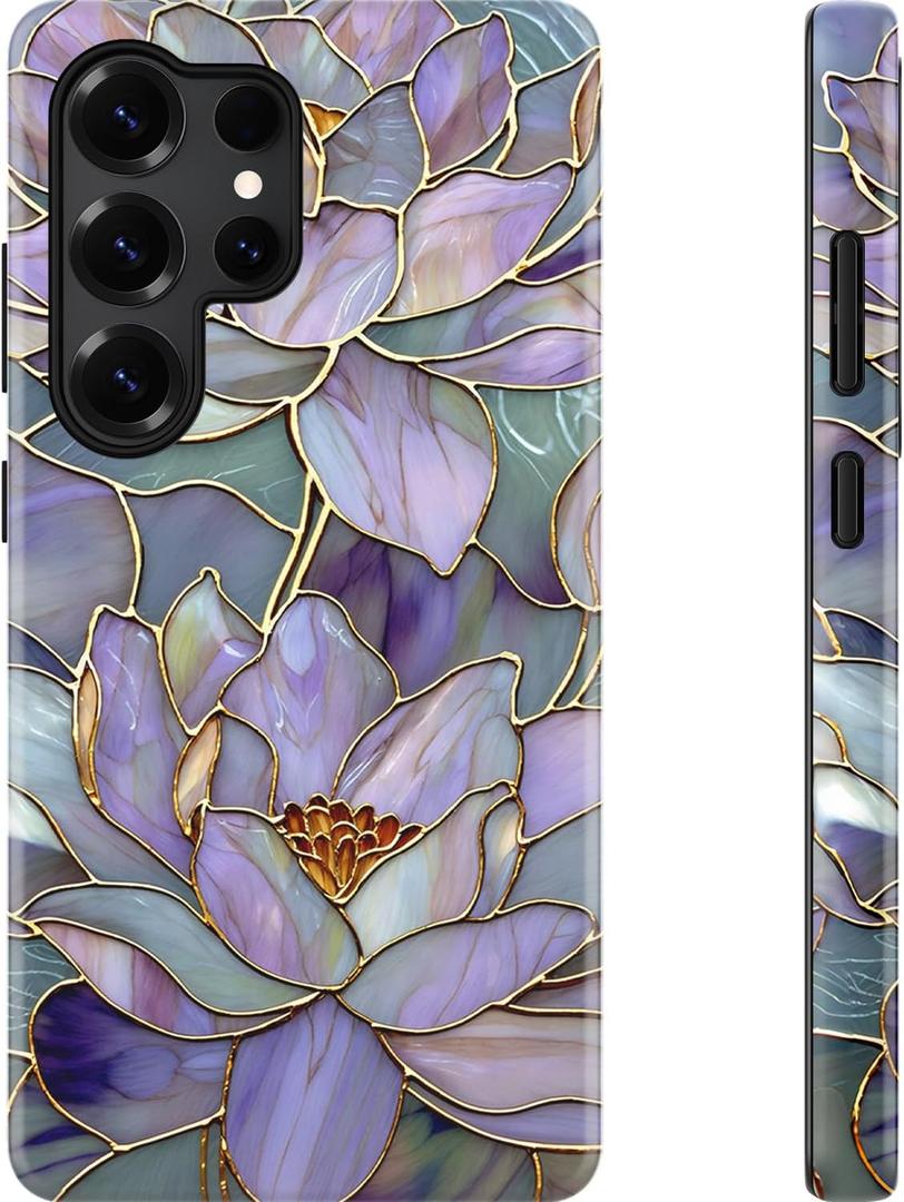 Esdot for Samsung Galaxy S25 Ultra Case - Wireless Charging Compatible  Dual-Layer Soft Silicone + Hard Shell - Wildflower Design - Protective Phone Cover for Women Girls - Abstract Lotus
