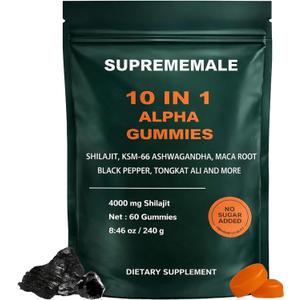 SupremeMale 10 in 1 Alpha Gummies for Men, Alpha Shilajit Gummies with Ashwagandha, Tongkat Ali & Black Musli, Supports Daily Energy, 60 Count(1 PC), Exp: 02/2028