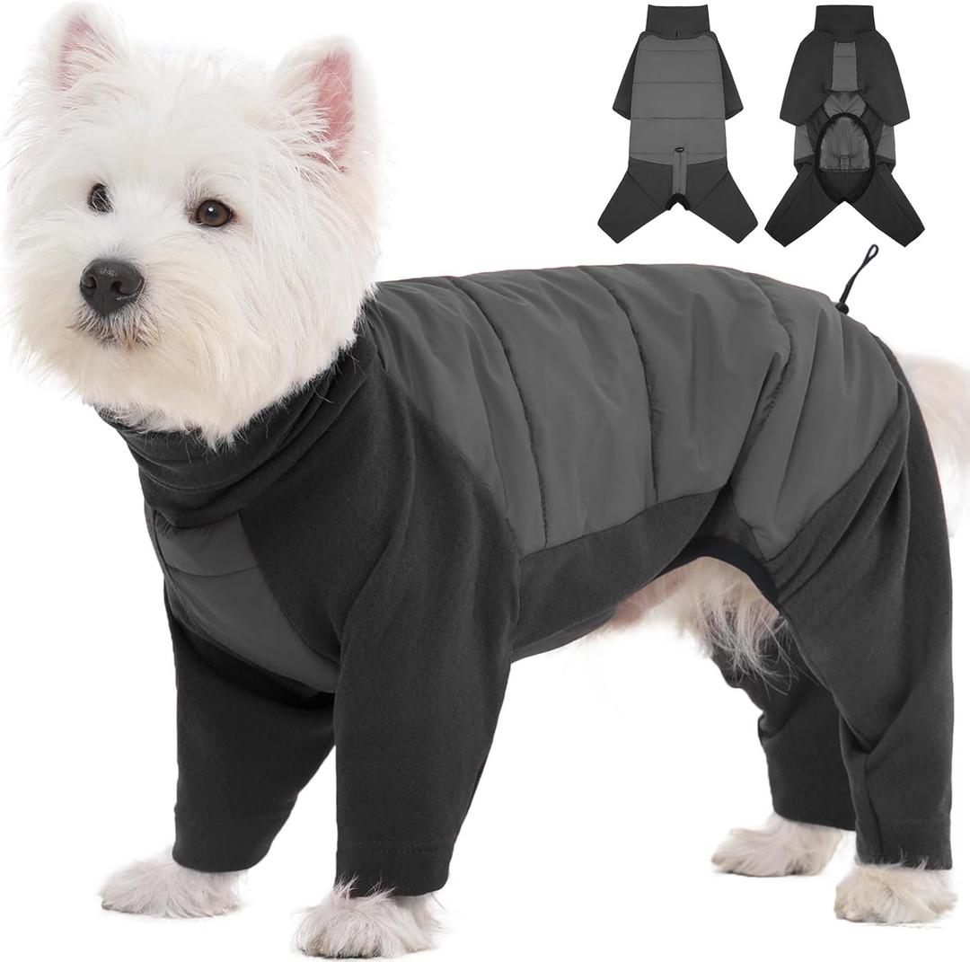 ROZKITCH Fleece Dog Coats for Medium Dogs, Warm Waterproof Pet Winter Coat, Fullbody Clothes Jumpsuit, Cold Weather Coat Pajamas, Four-Legged Snowsuit with Leash Hole Grey M (M(Chest: 21-25"; Back:18-19"))