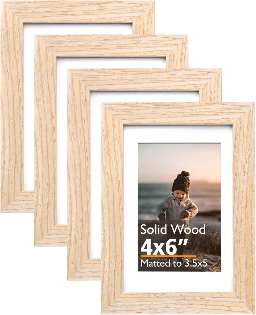 KINLINK 4x6 Frame Natural, Solid Wood 4 x 6 Picture Frame with Acrylic Plexiglass for 3.5x5 with Mat, Tabletop and Wall Display Photo Frames 4x6 Natural, 4 Pack