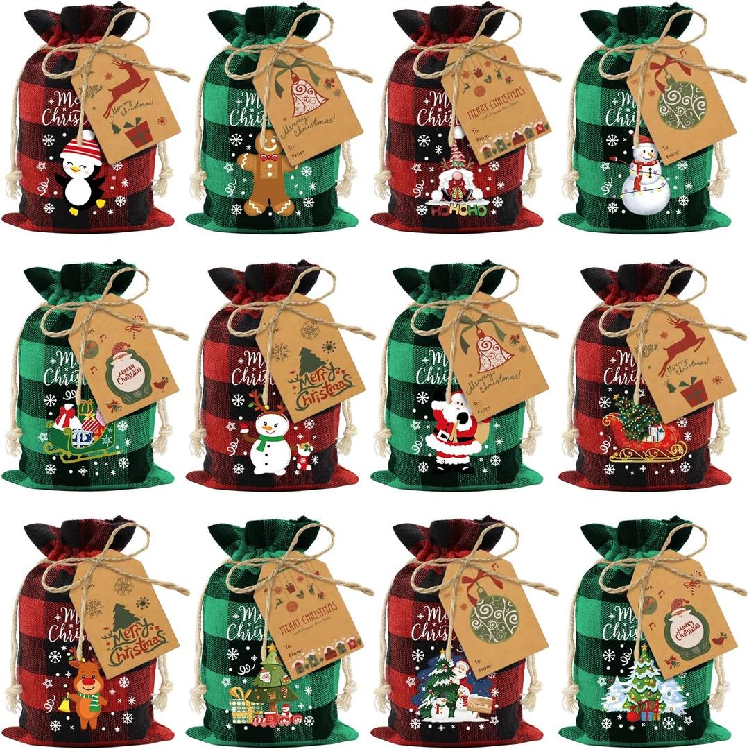 Aviski 60PCS Cotton Small Christmas Drawstring Candy Treat Bags Buffalo Plaid Xmas Xmas Christmas Fabric Goody Gift Sacks Reusable Gift Wrapping Bags Holiday Party Favors - Red/Green