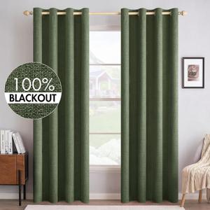 MIULEE 100% Blackout Linen Textured Curtains for Bedroom Solid Thermal Insulated Olive Green Grommet Room Darkening Curtains & Drapes Luxury Decor for Living Room Nursery 52 x 84 Inch (2 Panels)
