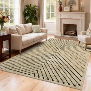ROYHOME 8x10 Large Area Rug for Living Room Washable Non Slip Bedroom Rugs | Modern Stain Resistant Soft Dining Room Throw Carpet Geometric Striped Low Pile Rugs for Classroom Dorm Home Office, Tan