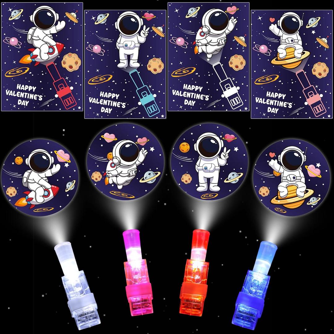 28 Pack Valentiens Day Gifts for Kids Classroom, Valentines Day Cards with LED Finger Lights for Kids School, Valentines Light Up Toys for Kids Class Exchange Gifts Valentines Party Favors Boys Girls