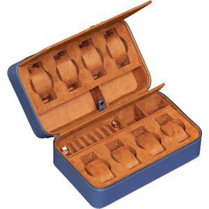 ROTHWELL 8 Watch Travel Case Storage Organizer for 8 Watches, Sunglasses, Rings & Cufflinks |Tough Portable Protection with Zipper Fits Most Wristwatches & Smart Watches Up to 50mm (Blue/Tan)