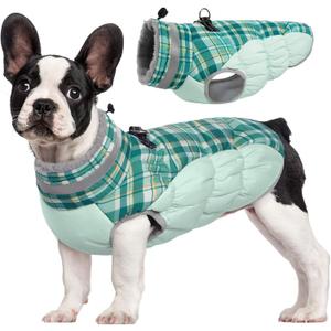 FUAMEY Dog Coat for Small Dogs,Waterproof Dog Winter Jacket with Harness Built in Puppy Cold Weather Coats Reflective Pet Vest with Zipper Warm Fleece Dogs Snowsuit Windproof Green Plaid S