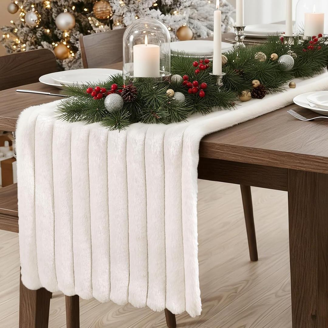 Bunny Chorus Christmas Table Runner: Faux Fur Table Runner 12 x 72 Inch, Furry Farmhouse Table Runners with Stripe Textured Pattern, Soft Off White Boho Decorations for Home Kitchen Xmas Party Gifts