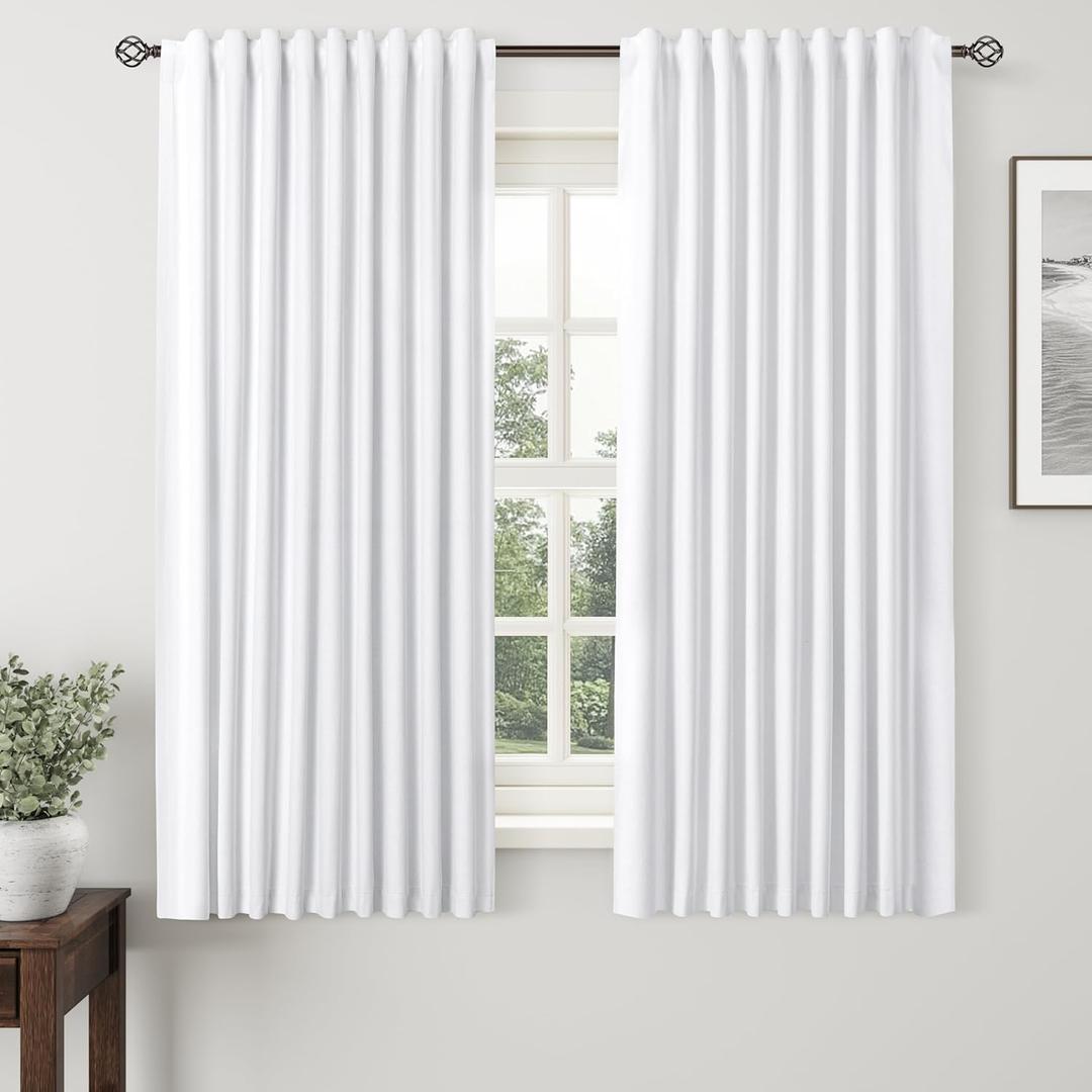 White Linen Blackout Curtains for Bedroom 63 Inch Length 2 Panels Set Back Tab Pocket Neutral Farmhouse Living Room Darkening Curtains Track System Thermal Insulated Black Out Drapes 52x63