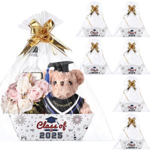 Baderke 6 Set Class of 2025 Graduation Gifts Baskets Includes 6 Empty Paper Gift Baskets 6 Clear Cellophane Bags and 10 Pull Bows for 2025 Graduation Birthday Party Decorations