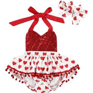 Newborn Baby Girl Valentine's + Day Outfit Flutter Sleeve Heart Print Tutu Romper Dress Headband 2Pcs Clothes Set (12-18 Months, Red White)