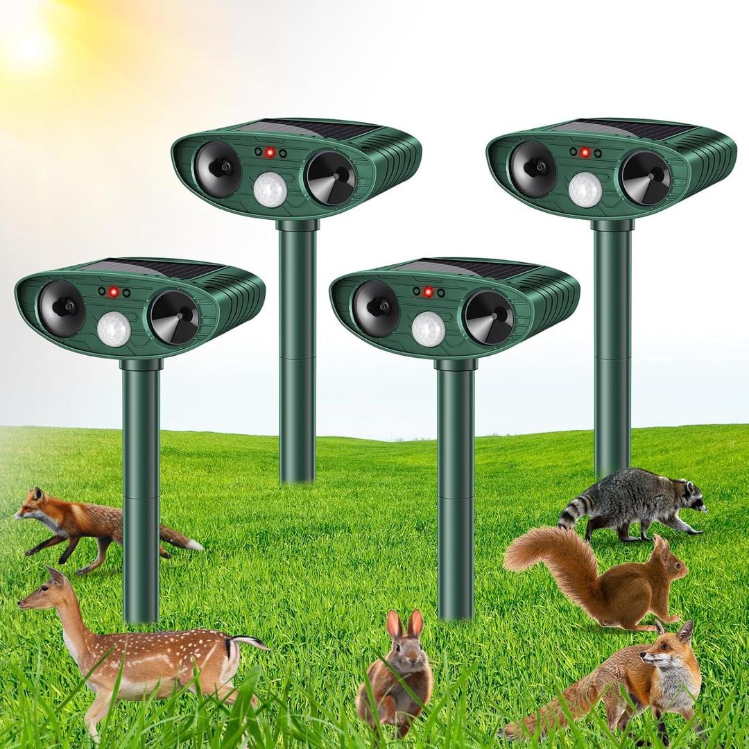 4 Pack Solar Animal Repellent Outdoor Ultrasonic Animal Deterrent Squirrel Deer Repellent Devices to Scare Cat Rabbit Skunk Raccoon Out of Yard with Motion Sensor Waterproof