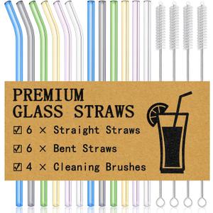 Piteno 16-Pack Reusable Glass Drinking Straws, 8.5''x10MM, Set of 6 Straight and 6 Bent with 4 Cleaning Brushes, Perfect for Smoothies, Milkshakes, Juice, Tea (Rainbow) Piteno 16-Pack Reusable Glass Drinking Straws, 8.5''x10MM, Set of 6 Straight and 6 Bent with 4 Cleaning Brushes, Perfect for Smoothies, Milkshakes, Juice, Tea (Rainbow)