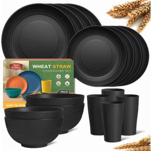 Teivio 16-Piece Kitchen Plastic Wheat Straw Dinnerware Set, Service for 4, Dinner Plates, Dessert Plate, Cereal Bowls, Cups, Unbreakable Plastic Outdoor Camping Dishes, Black Matte