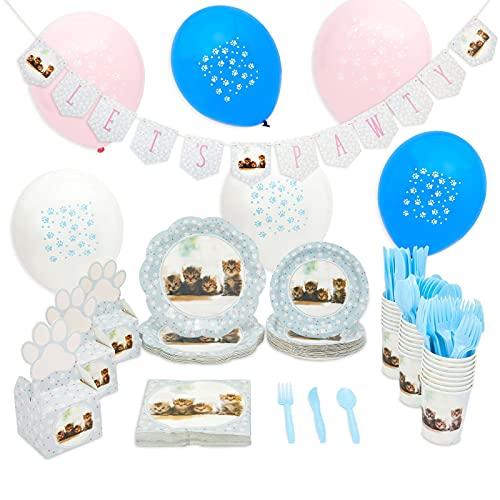 Sparkle and Bash Cat Birthday Decorations, Kitty Dinnerware Set, Banner, Favor Boxes, Balloons (Serves 24, 217 Pieces) - Birthday Decoration - Cat Party