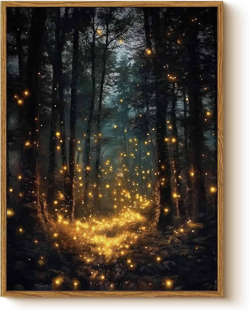 Fantasy Dark Forest 12x16 Framed Firefly Halloween Wall Art, Glowing Lights Enchanted Forest Canvas Print, Magical Mystical Night Landscape Painting, Rustic Cabin Cottage Bedroom Decor