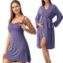 SUNNYBUY Women's Nursing Nightgown Maternity Robe Set, 3 in 1 Labor Delivery Breastfeeding Dress Postpartum Sleepwear, S