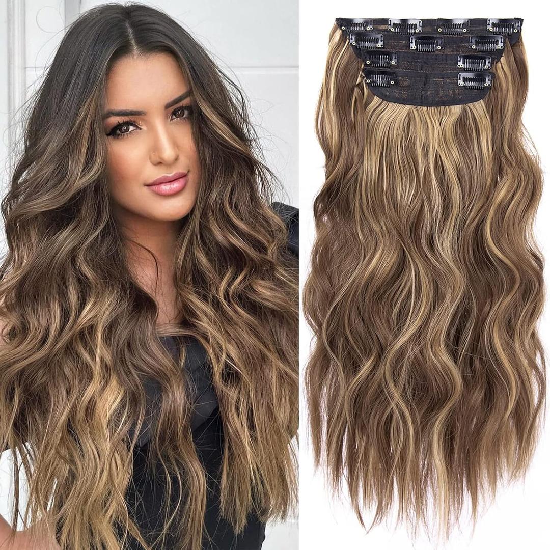 4PCS Clip in Hair Extensions Honey Blonde Mixed Light Brown 20 Inch Long Wavy Synthetic Hair Extensions (4pcs, 20Inch, 22H10#), 2 pack