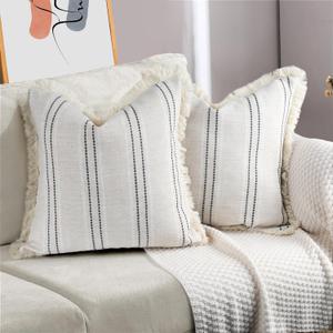 AELS 20x20 Decorative Farmhouse Linen Throw Pillow Covers with Fringe, Boho Textured Pillow Case, Set of 2, Beige with White & Black Stitch Yarn Dyed Stripe Cushion Cover for Sofa Couch (Cover ONLY)
