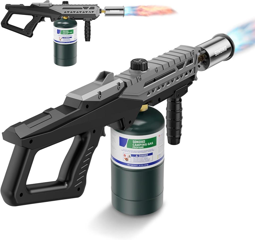 Sondiko Powerful Cooking Propane Torch Gun, Culinary Torch Campfire Starter, Adjustable Weed Torch Burner for Searing Steak, BBQ, Welding (Gray & Black) Propane Tank Not Included