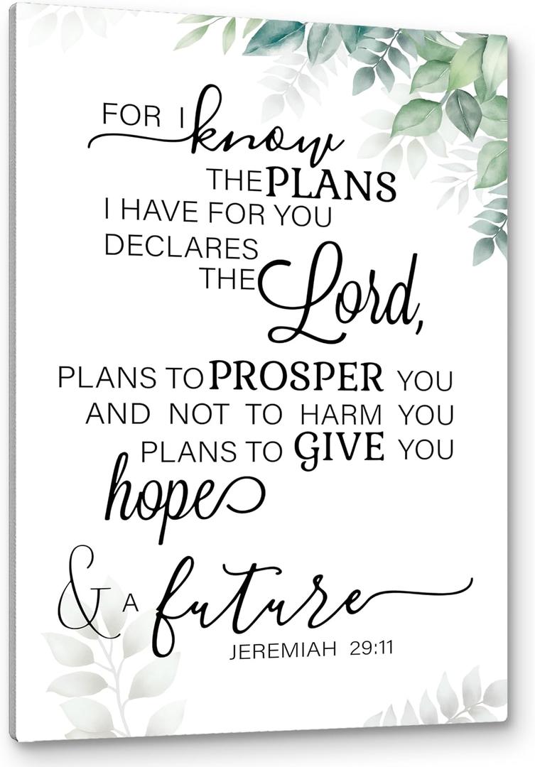 PHAMTE Jeremiah 29 11 Wall Art,Christian Jeremiah 29:11 For I Know The Plans I Have For You Wall Art,Bible Verse Scripture Print Framed Canvas Painting Christian Prayer Room Office Decor(16x24)(white)
