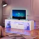 HOOBRO LED TV Stand with Power Outlets to 65 inch TV, Gaming Entertainment Center with Glass Shelves and Large Drawer, Modern Media TV Console Table for Living Room Bedroom, White WT14UDDS01, 55.1 Inch