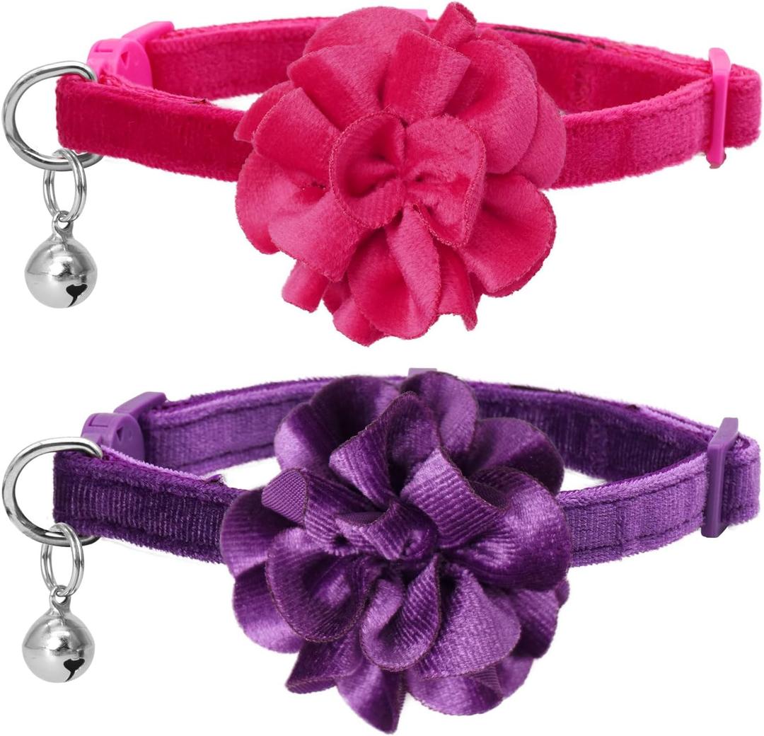 azuza 2 Pack Cat Collar Floral with Bell and Removable Flower Bowtie Breakaway Adjustable Velvet Fabric Cat Collar for Pets Valentine's Day Gift and Daily DecorationHot Pink & Purple (Neck: 8"-12")